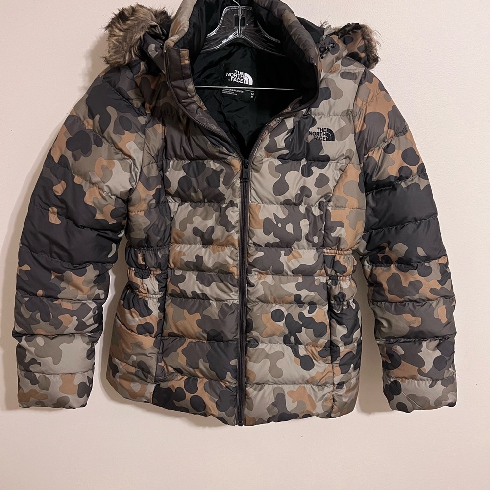 North Face Gotham Jacket II in Taupe Green  Faux Fur Trim Macrofleck Print